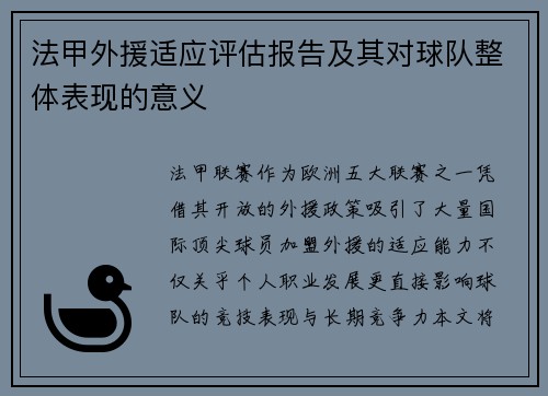 法甲外援适应评估报告及其对球队整体表现的意义